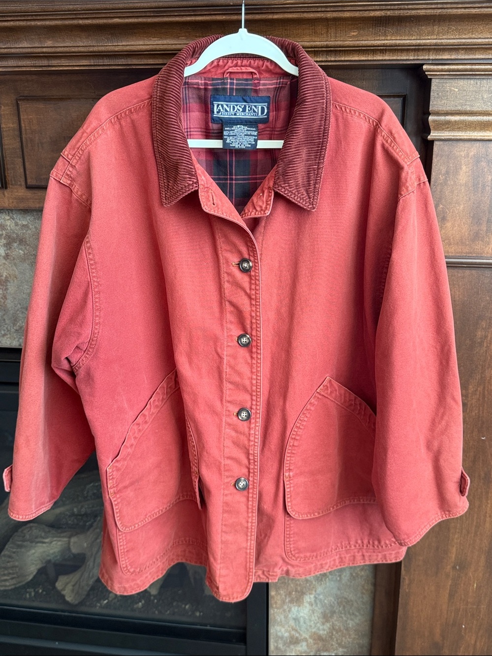 Lands' End rust chore barn coat corduroy collar plaid lining 3X broken in